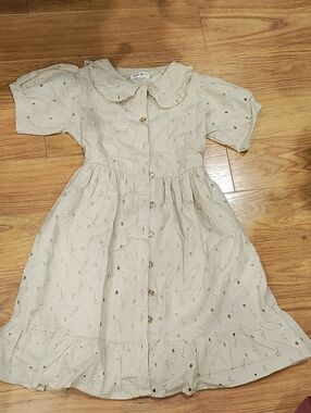 Peter Pan Collar Eyelet Button-Front Kids Dress in Cream